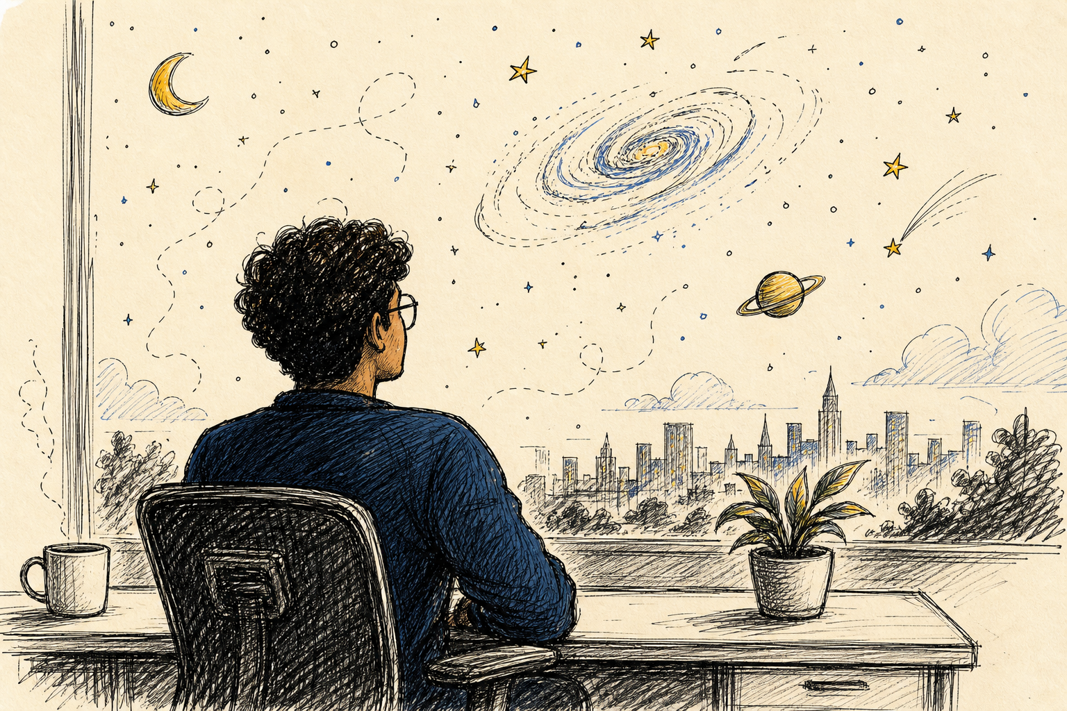 Illustration: Jibin at his desk looking out at stars, a galaxy, and a distant city skyline
